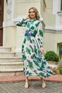 Rochie Lilia lunga beige cu imprimeu floral bleumarin verde