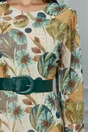 Rochie Livia beige cu imprimeu floral verde si curea in talie