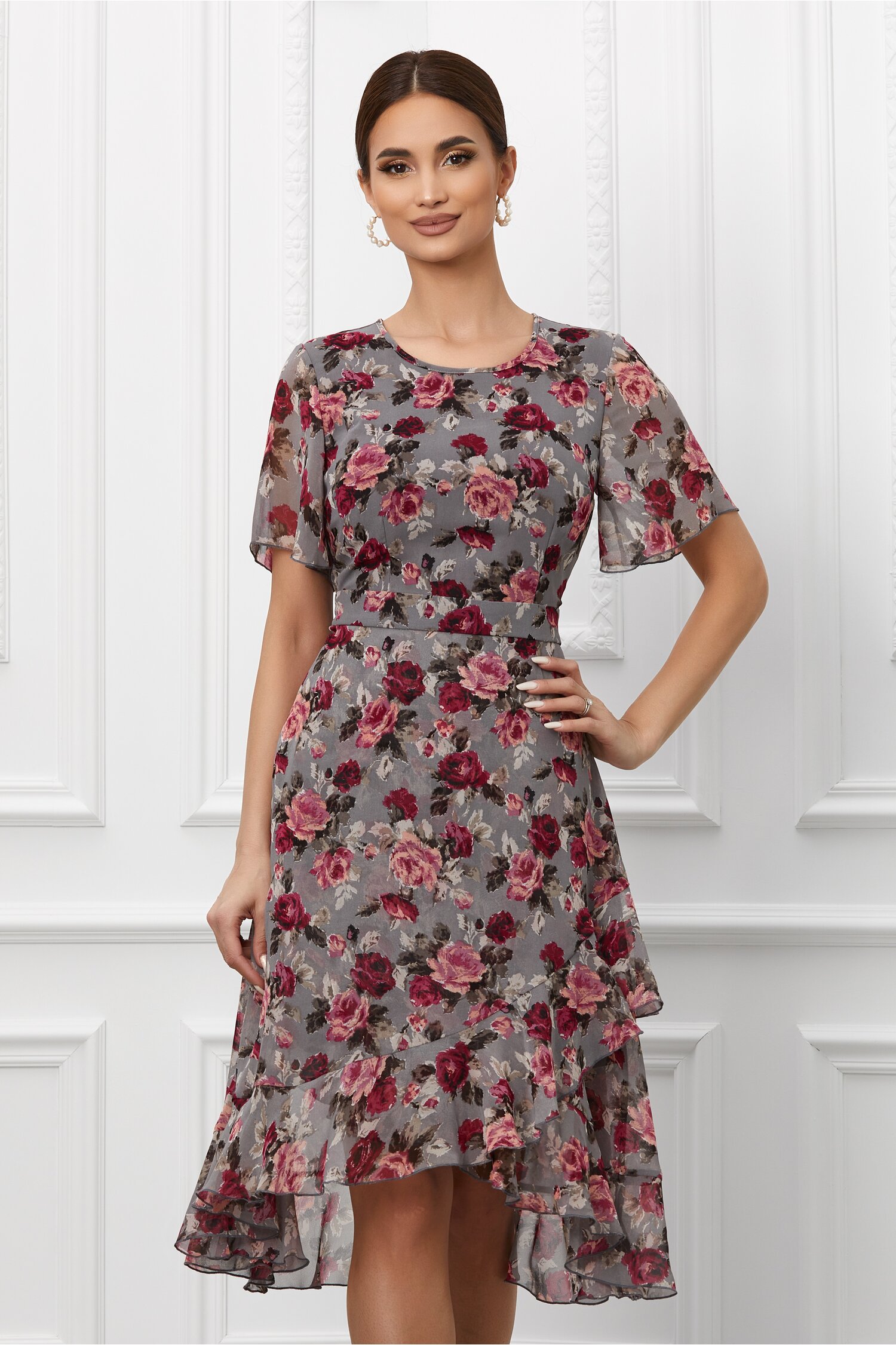 Rochie Liviana gri cu imprimeu floral fucsia