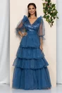 Rochie Lucretia albastra din tulle cu volanase pe fusta si la umeri