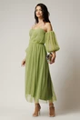 Rochie Luna lunga verde din voal plisat in clos cu umeri goi si maneci bufante, 1, dyfashion.ro