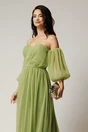 Rochie Luna lunga verde din voal plisat in clos cu umeri goi si maneci bufante, 2, dyfashion.ro