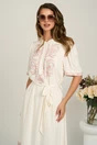 Rochie lunga alba din viscoza cu broderie pastelata si cordon in talie, 4, dyfashion.ro