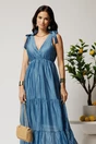 Rochie lunga albasta din tencel cu funde la umeri, 3, dyfashion.ro