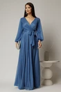Rochie lunga albastra cu glitter cu decolteu petrecut si cordon in talie, 1, dyfashion.ro