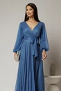 Rochie lunga albastra cu glitter cu decolteu petrecut si cordon in talie, 3, dyfashion.ro