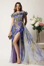 Rochie lunga albastra cu verde din voal cu flori maxi la decolteu si trena, 1, dyfashion.ro
