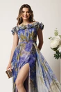 Rochie lunga albastra cu verde din voal cu flori maxi la decolteu si trena, 3, dyfashion.ro
