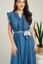 Rochie lunga albastra din denim in clos cu nasturi la bust si cordon in talie, 4, dyfashion.ro