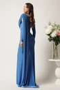Rochie lunga albastra din lycra cu strasuri si fronseu pe talie, 3, dyfashion.ro