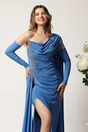 Rochie lunga albastra din lycra cu strasuri si fronseu pe talie, 2, dyfashion.ro