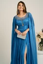 Rochie lunga albastra din voal cu maneci ample si strasuri la decolteu, 4, dyfashion.ro