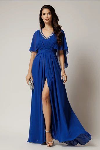 Rochie lunga albastra din voal cu strasuri la decolteu si maneci tip capa