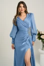 Rochie lunga albastra din voal plisat cu strasuri in talie, 4, dyfashion.ro