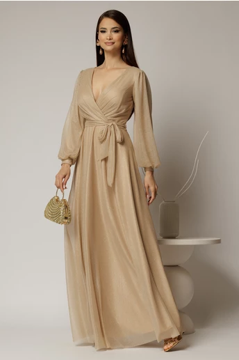 Rochie lunga bej cu glitter cu decolteu petrecut si cordon in talie