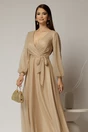 Rochie lunga bej cu glitter cu decolteu petrecut si cordon in talie, 3, dyfashion.ro