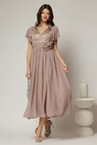 Rochie lunga bej de ocazie cu broderie la bust si detaliu in talie, 1, dyfashion.ro