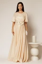 Rochie lunga bej de seara din voal  cu accesoriu in talie, 1, dyfashion.ro