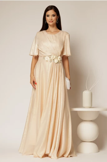 Rochie lunga bej de seara din voal  cu accesoriu in talie