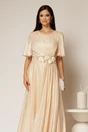 Rochie lunga bej de seara din voal  cu accesoriu in talie, 3, dyfashion.ro