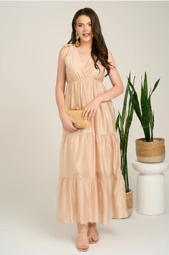 Rochie lunga bej din tencel cu funde la umeri