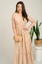 Rochie lunga bej din tencel cu funde la umeri, 3, dyfashion.ro