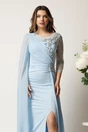 Rochie lunga bleu din neopren cu strasuri si tull, 2, dyfashion.ro