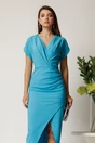 Rochie lunga bleu din stofa cu fronseu si crapatura pe fusta, 2, dyfashion.ro