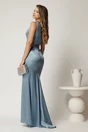 Rochie lunga bleu din tafta cu strasuri si pene la umeri, 2, dyfashion.ro