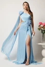 Rochie lunga bleu din voal creponat cu flori maxi in talie si pe umar, 1, dyfashion.ro