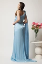 Rochie lunga bleu din voal creponat cu flori maxi in talie si pe umar, 3, dyfashion.ro