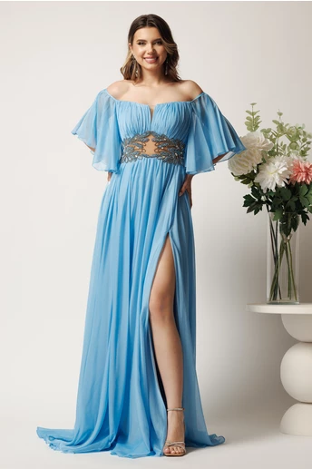 Rochie lunga bleu din voal in clos cu strasuri si tull in talie