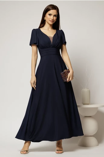 Rochie lunga bleumarin de ocazie cu decolteu adanc si maneci scurte evazate