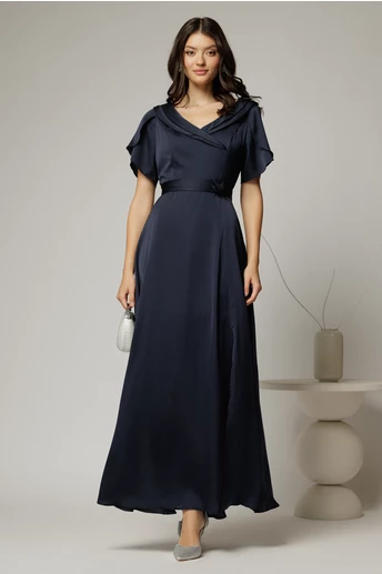 Rochie lunga bleumarin de ocazie din voal