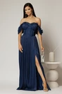 Rochie lunga bleumarin de ocazie din voal peliculizat cu bust tip corset, 1, dyfashion.ro