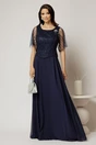 Rochie lunga bleumarin de seara din voal si aplicatii de paiete la bust, 1, dyfashion.ro