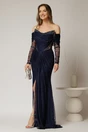 Rochie lunga bleumarin de seara tip sirena din dantela si decolteu accesorizat, 1, dyfashion.ro