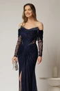 Rochie lunga bleumarin de seara tip sirena din dantela si decolteu accesorizat, 3, dyfashion.ro