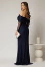 Rochie lunga bleumarin de seara tip sirena din dantela si decolteu accesorizat, 2, dyfashion.ro