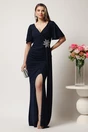 Rochie lunga bleumarin din lurex cu floare in talie si croi mulat, 1, dyfashion.ro