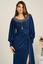 Rochie lunga bleumarin din lycra cu strasuri la bust, 4, dyfashion.ro