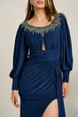 Rochie lunga bleumarin din lycra cu strasuri la bust, 3, dyfashion.ro