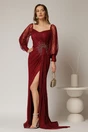 Rochie lunga bordo de seara din dantela cu strassuri pe talie si decolteu, 1, dyfashion.ro