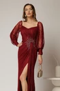 Rochie lunga bordo de seara din dantela cu strassuri pe talie si decolteu, 3, dyfashion.ro