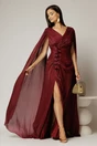 Rochie lunga bordo de sera din voal peliculizat cu aplicatii pe talie, 1, dyfashion.ro