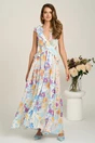 Rochie lunga cu imprimeu bleu si mov din voal in clos cu spatele gol si volanase, 1, dyfashion.ro