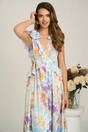 Rochie lunga cu imprimeu bleu si mov din voal in clos cu spatele gol si volanase, 4, dyfashion.ro
