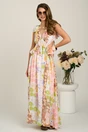 Rochie lunga cu imprimeu roz si maro din voal in clos cu spatele gol si volanase, 1, dyfashion.ro