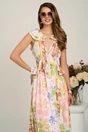 Rochie lunga cu imprimeu roz si maro din voal in clos cu spatele gol si volanase, 4, dyfashion.ro