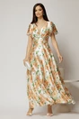 Rochie lunga de ocazie cu imprimeuri maro si verde din material satinat, 1, dyfashion.ro